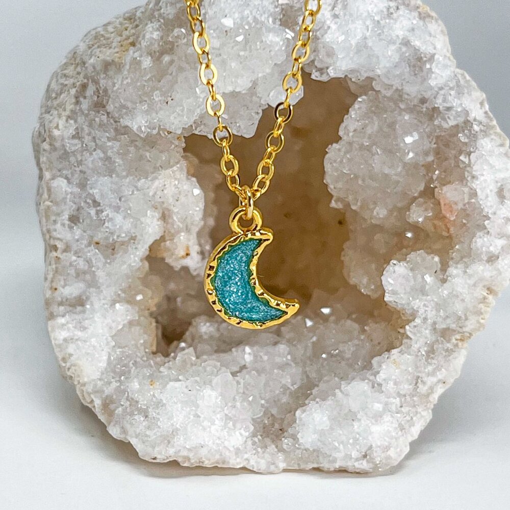 3/$20 14k Gold Lake Blue Glitter Resin Moon Charm Handmade Pendant Necklace